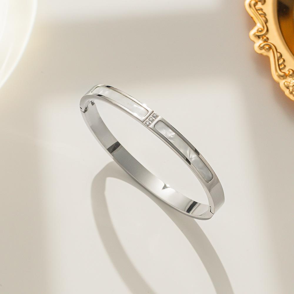 Htpwe Stainless Steel Rectangular Shell Inlaid Zirconium Bracelet Women 18kGold Couple Holiday Gift Bracelet Party Daily Zircon