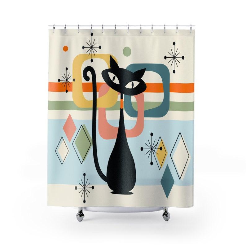 Mid-Century Modern Atomic Cat Shower Curtain - Light Beige Design, Unique Wedding & Housewarming Gift