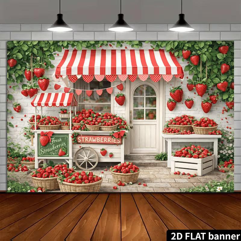 2D Cute Strawberry Market Backdrop, Fresh Fruit Storefront Wall Decor for Home