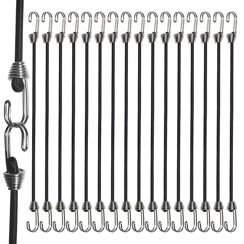 Mini Elastic Bungee Cords with Double Hooks - 10 Inch Black Latex Polypropylene Stretch Rope Set of 16 for Outdoor Camping Tents Truck Tie Down