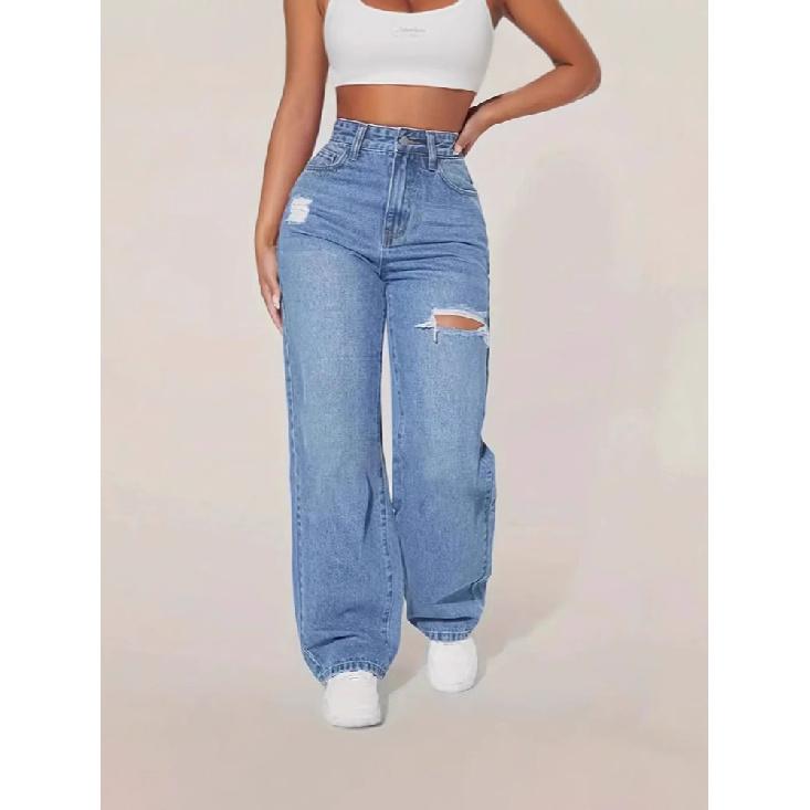 Mom Jeans Dámské Džínové Kalhoty Široké Nohavice Dlouhé Kalhoty Dírky Vysoký Pas Rovné Kalhoty Y2k Streetwear Práce Prošívané Ležérní Punk