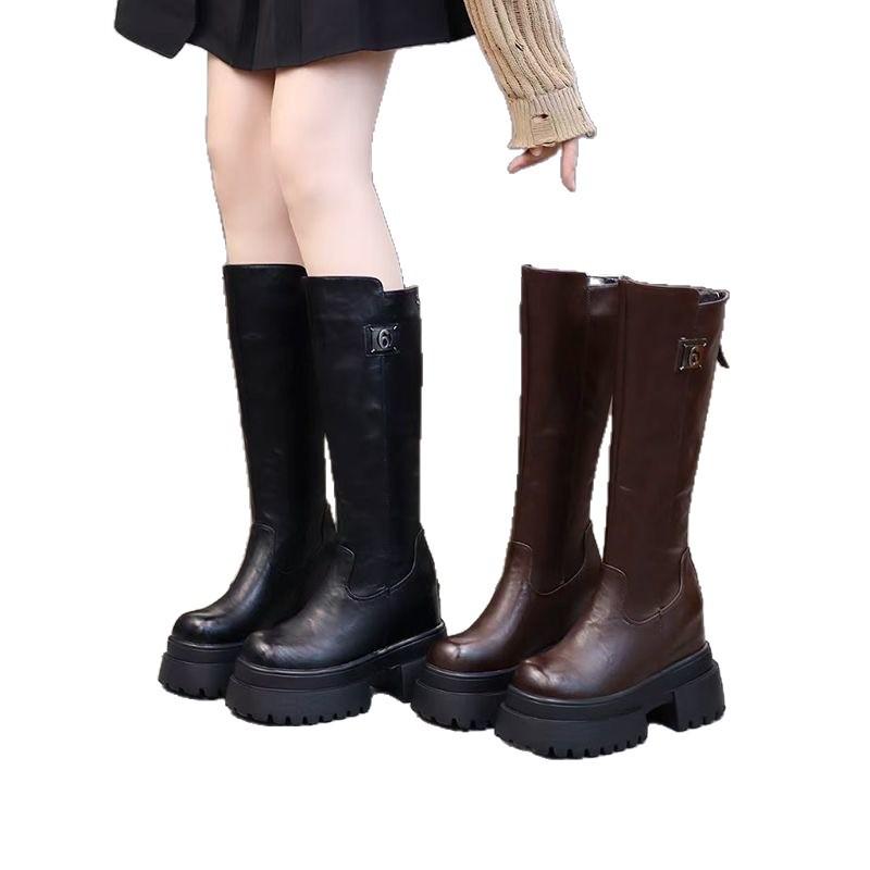 Fashion Versatile Thick-soled Inner Height-increasing Boots Women's 2026 Autumn and Winter New Thin But Knee-high Boots