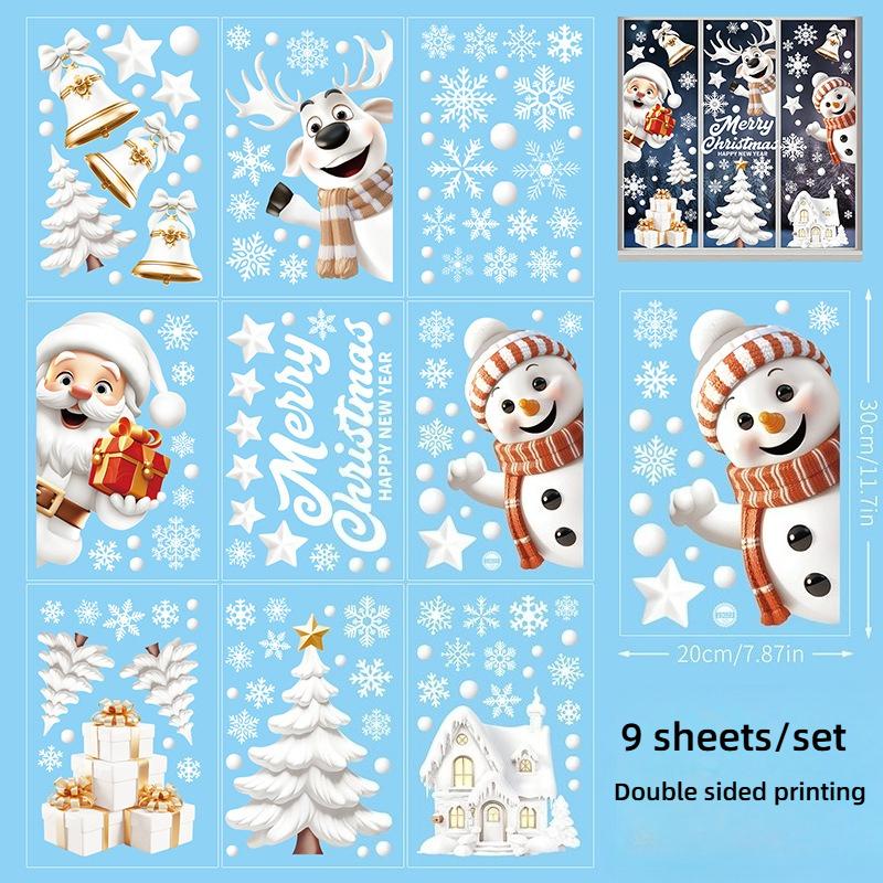 

9 листов Праздничные Двусторонние Рождественские Наклейки на Окна - Многоразовое ПВХ Декоративное Искусство, с Сантой, Снеговиком