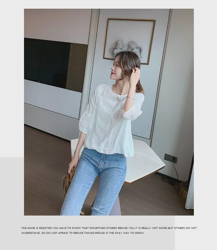 Women's Floral Lace Shirt with Lantern Sleeves - 2022 Spring/Summer Chiffon Hollow Top