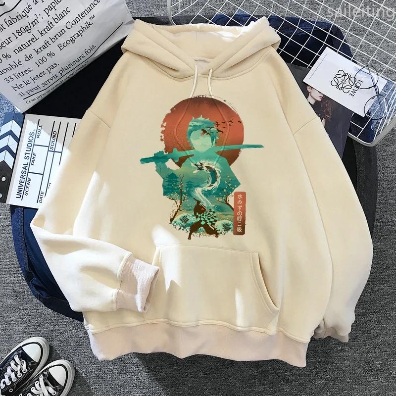 Japan Anime Demon Slayer Hoodies Japanese Casual Kangaroo Pocket Hoodie Harajuku Cartoon Manga Khaki Pullovers Aesthetic Clothes