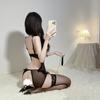See-through lingerie with lace trim, revealing breasts, adult one-piece uniform