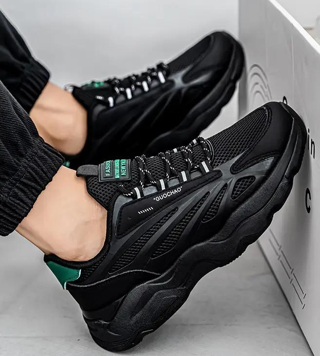 Men's Shoes 2024 New Autumn Mesh Breathable Non-slip Running Sneakers Thick-soled Heightening Black Versatile Dad Shoes