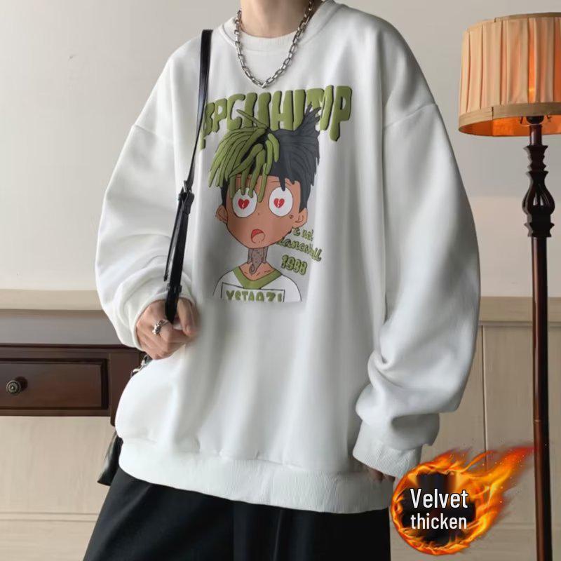 Men's American Cartoon Hip Hop Plus Velvet Thickened Hoodie - Round Neck Autumn Winter Outerwear