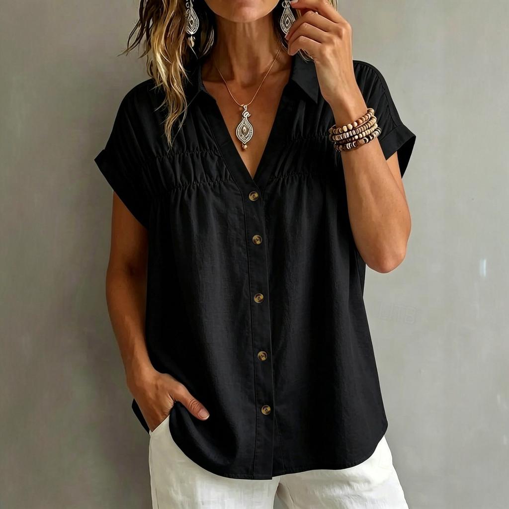 Women's V Neck Loose Slimming Button Down Pleated Blouse Casual Shirt Top