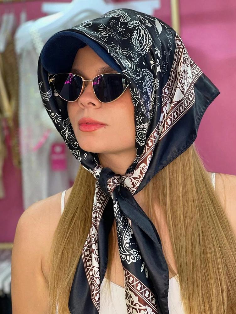 Luxury Brand Cashew Print Square Hijab Scarf Elegant Ladies Soft Satin Shawl Stylish Women's Decorative Beach Towel 90*90CM
