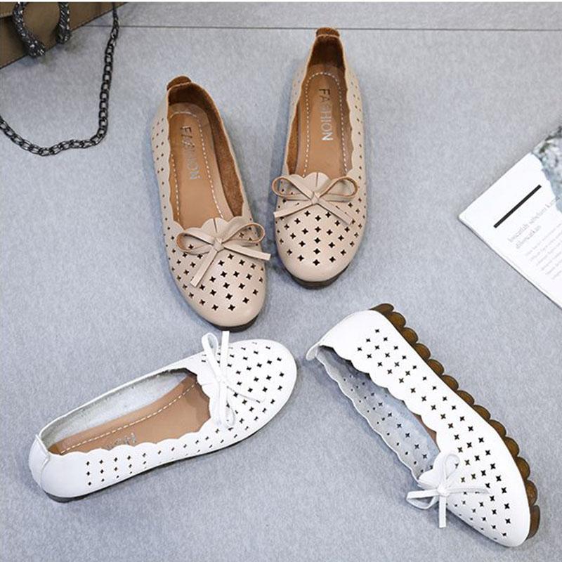 Comfortable Soft Sole Flat Single Shoes Breathable Hollow Bow Design Women's Casual Work Shoes Artificial Soft Leather Shallow Mouth Slip-on