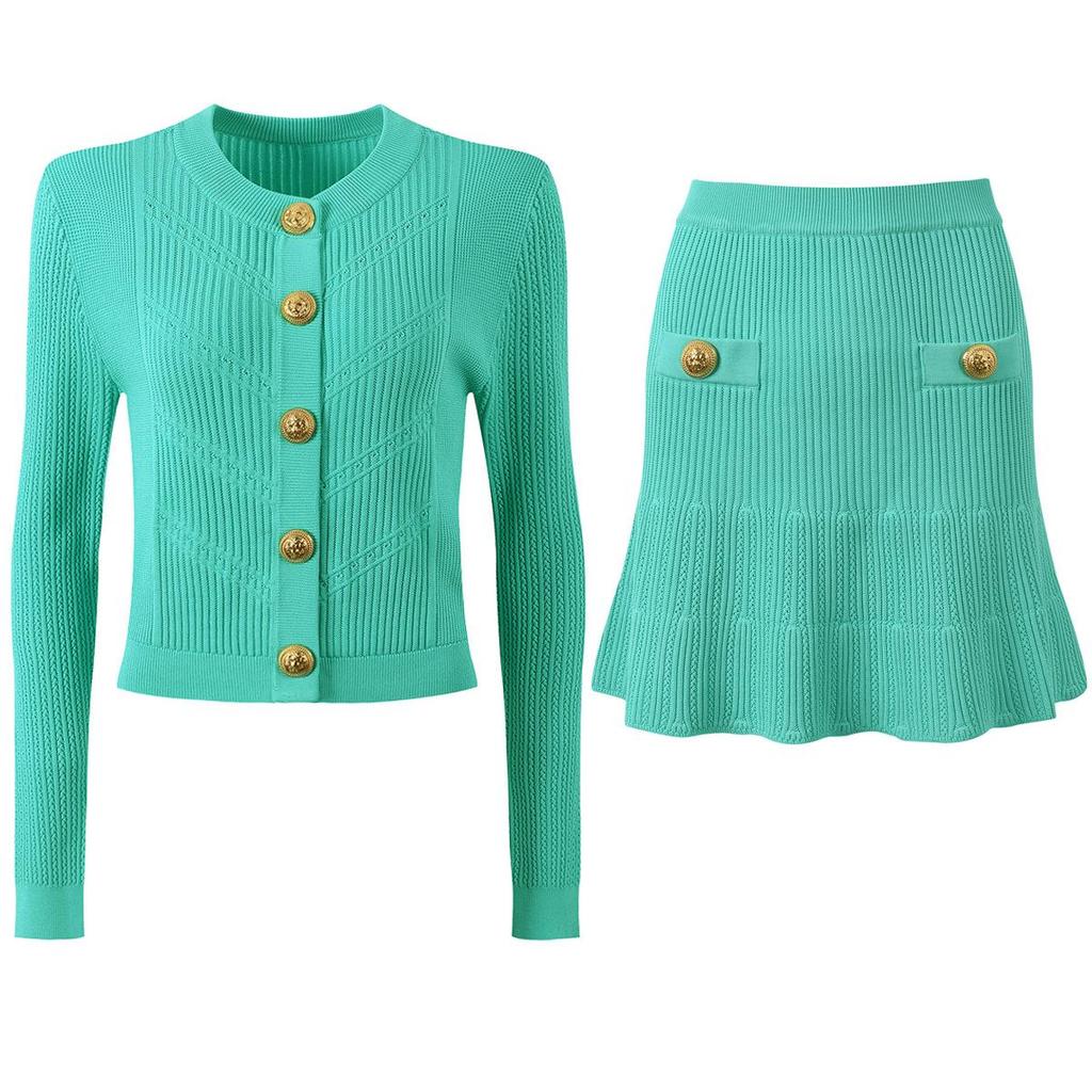 2025 Spring/Autumn Women's Fashion Knitted Cardigan & A-Line Skirt Set