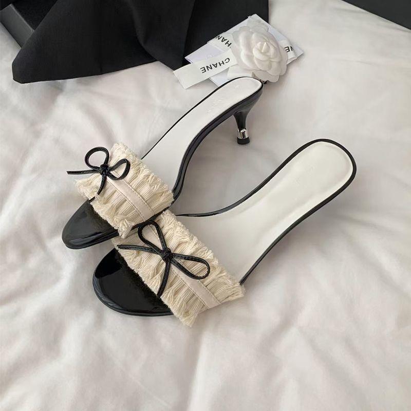 Slim-heeled Sandals Without Women's Summer Bow Slippers High-heeled Sandals Elegant Small Man
