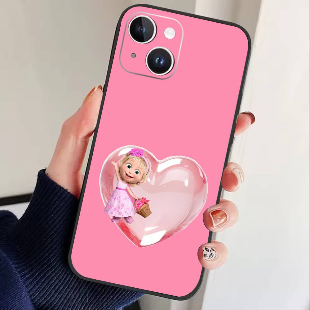 Cute Masha and the Bears Phone Case For iPhone 17 16 15 14 13 12 Max Plus Silicone Black Cover