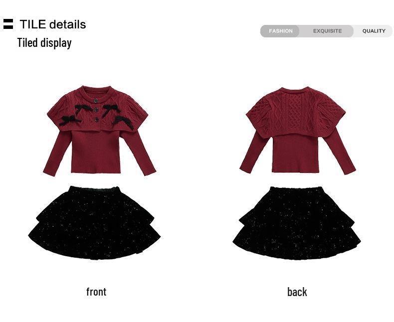 Girls' 2025 Autumn/Winter Knitted Cardigan and Velvet Skirt Set with Sweet Bow Cape