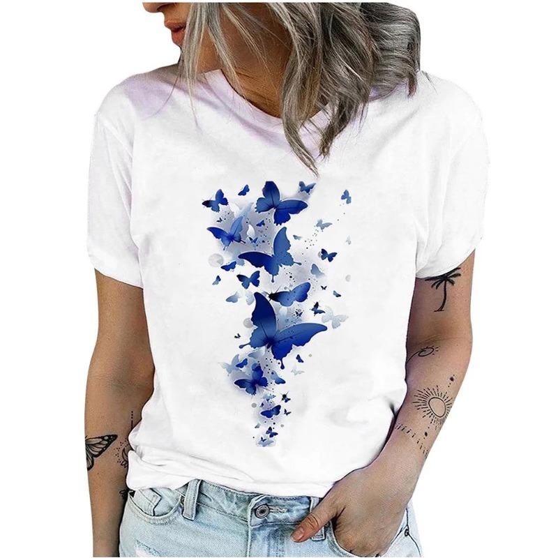 

Butterfly Round Neck 3D Printed White T-shirt Short Sleeved Women s T-shirt 6XL