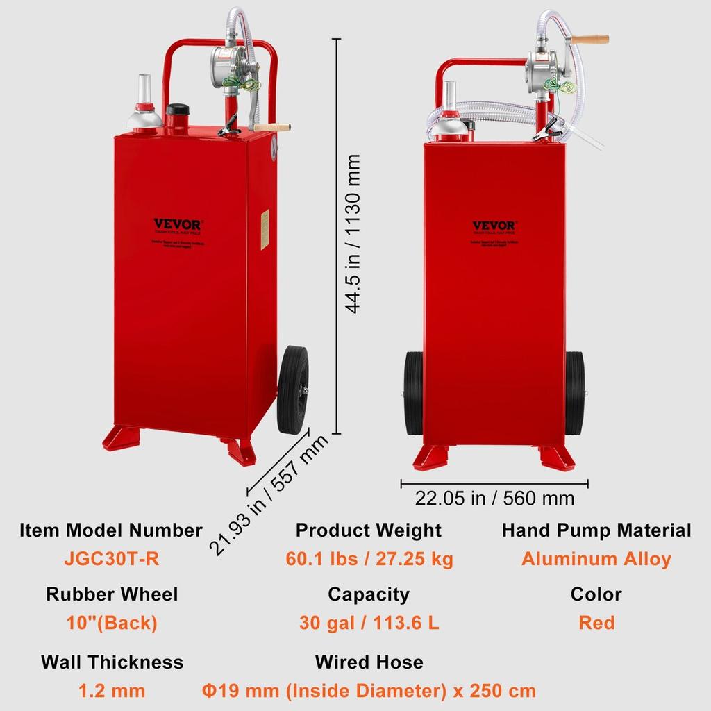 30 Gallon Fuel Caddy, Fuel Storage Tank on 2 Wheels, Portable Gas Caddy with Manuel Transfer Pump, Gasoline Diesel Fuel Container for Cars, Lawn