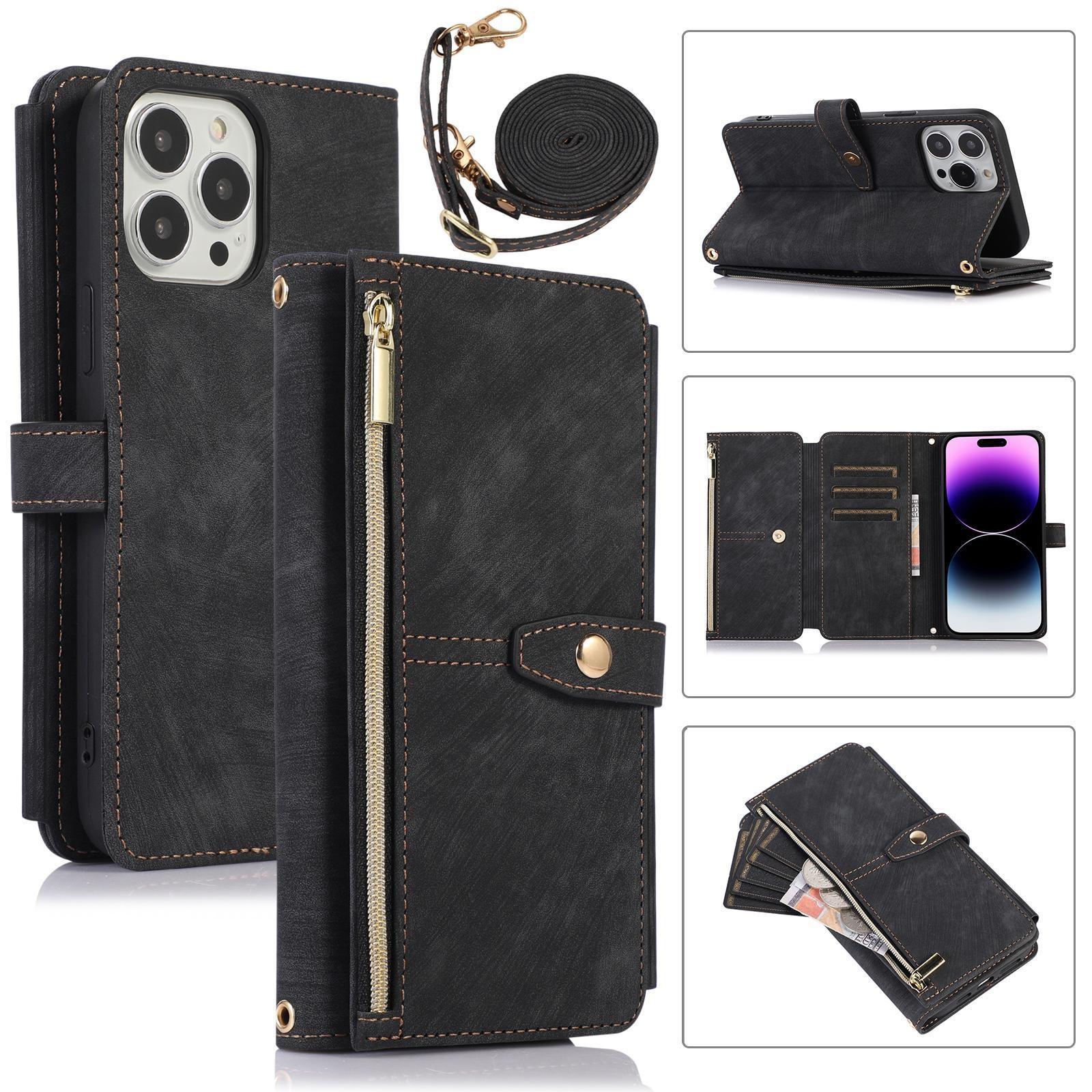 

Кожаный чехол-книжка через плечо с несколькими картами на молнии для iPhone 15 14Plus 13 12 11 Pro Max XSMAX для Samsung S23 S22 S21 S20Ultra Plus A14 A54 A13 A53 Samsung S21 Plus