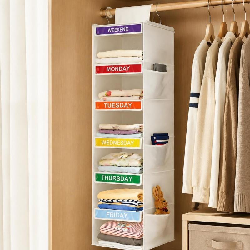 Hanging Closet Shelves for Kids Clothes, 6 Section Weekly Storage with Side Pockets and Fabric Shelf Design for Home Use