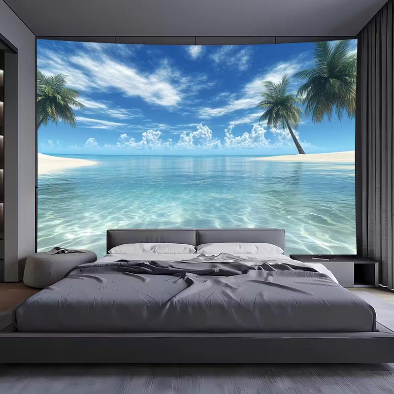 Tropical Beach Ocean Tapestry, Palm Tree Seascape Background Cloth, Summer Wall Decor