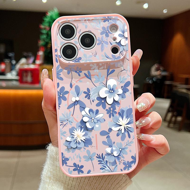 Magnetic For Magsafe Case For iPhone 17 Pro Max Blue and White Flowers Pattern Skin Feeling Cover For iPhone 16 15 14 13 Pro Max