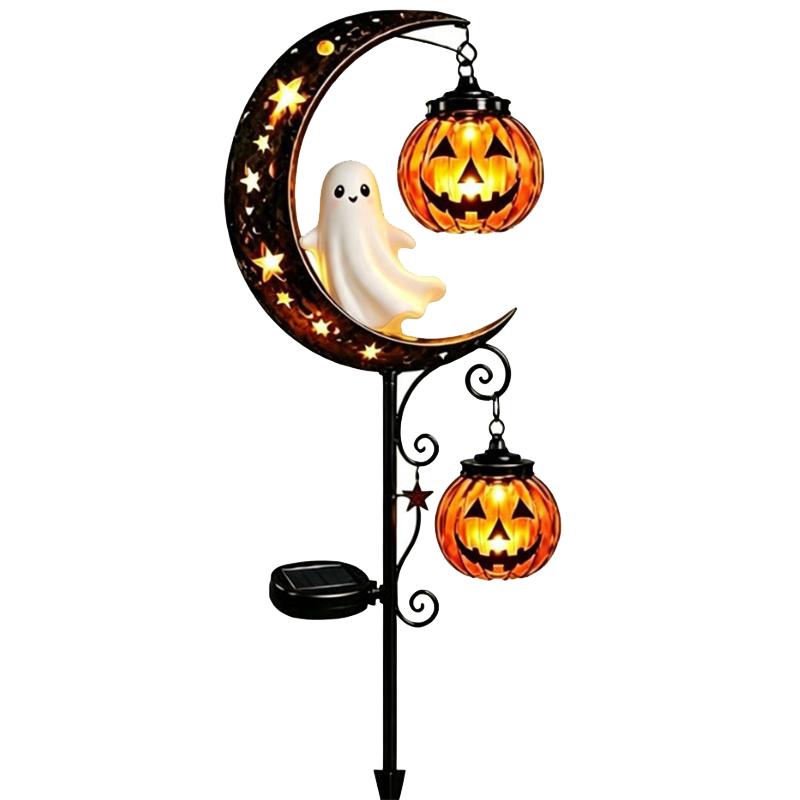 Solar Halloween Moon Black Cat Light Metal Crescent Moon Pumpkin Lantern Ground Lamp Outdoor Pathway Garden Yard Lawn