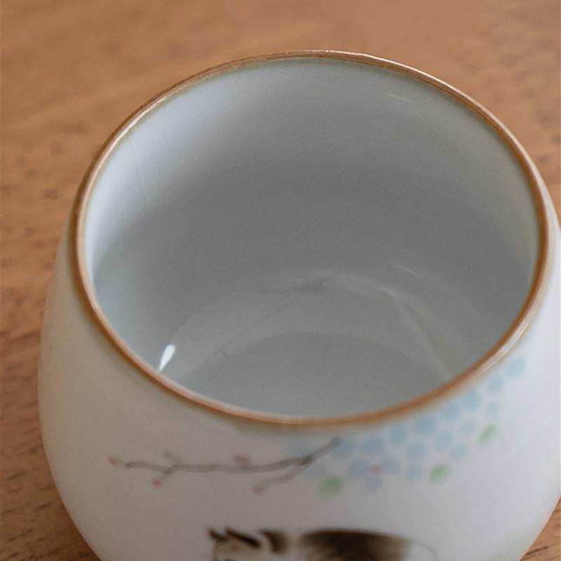 1 Pc Chinese Tradition Ru Kiln Ceramic Tea Cup Handmade Cute Cat Teacup Household Personal Tea Bowl Travel Master Cup Tea Set