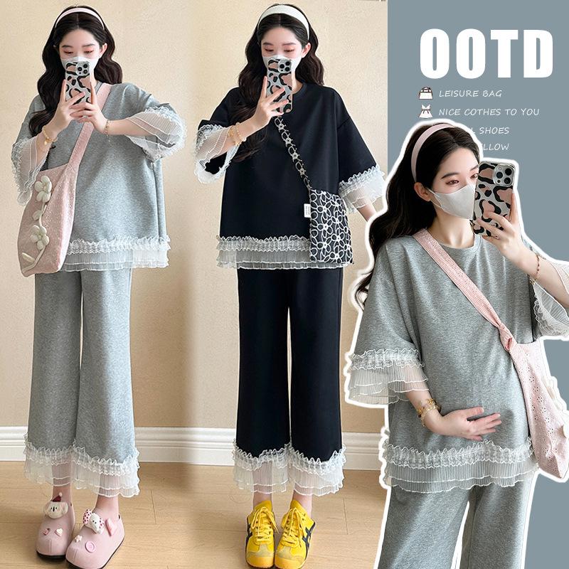 Summer 2026 Korean Style Maternity Set: Lace Spliced Top & Belly Support Pants M