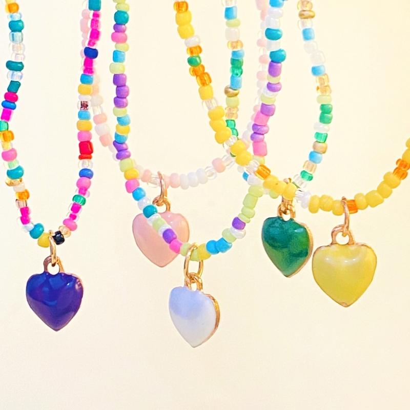 Colorful Beaded Necklaces Women Adjustable Heart Shapes Pendant Neckchains Bohemian Choker Colorful Accessory for Party