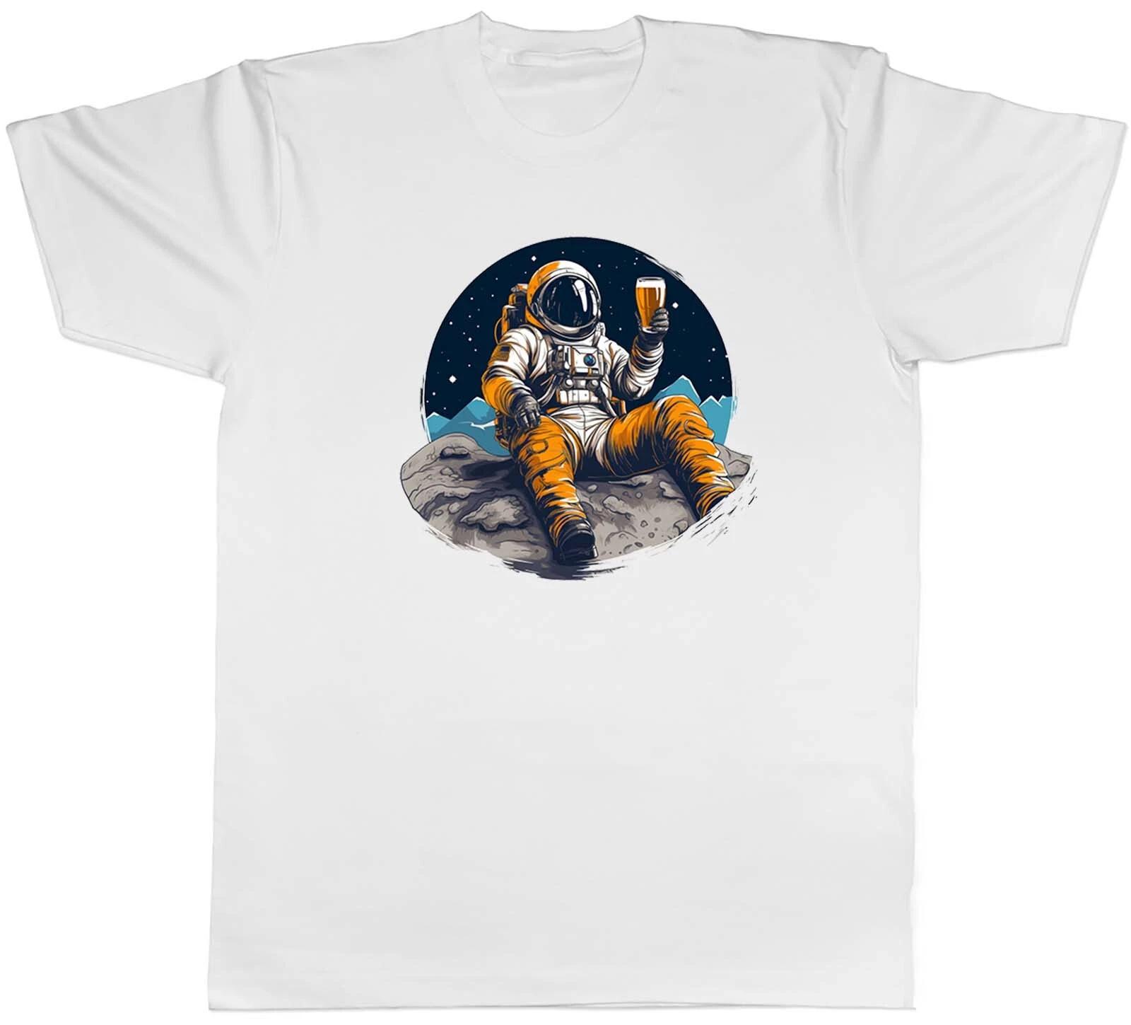 Space Astronaut Mens T-Shirt Drinking Beer on the Moon Tee Gift XL