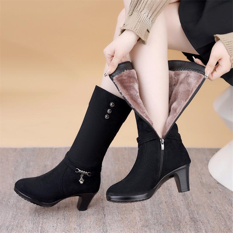 Women's Winter High-Heel Over-the-Knee Boots with Velvet Lining and Chunky Heel