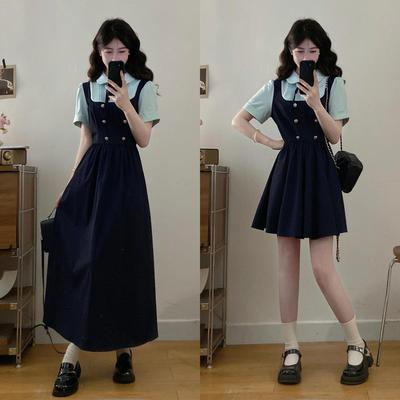 Women's British College Style Color Block Faux Two-Piece Dress, Plus Size, Waist-Cinching Mid-Length Skirt for Summer