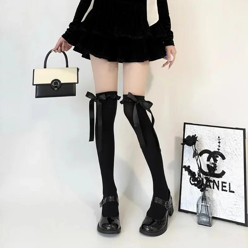 Women'S Delicate Bow Velvet Thigh High Stockings Spring Summer Soft Lolita Lace-Trimmed Bow Ribbon Jk Thin Over-The-Knee Socks