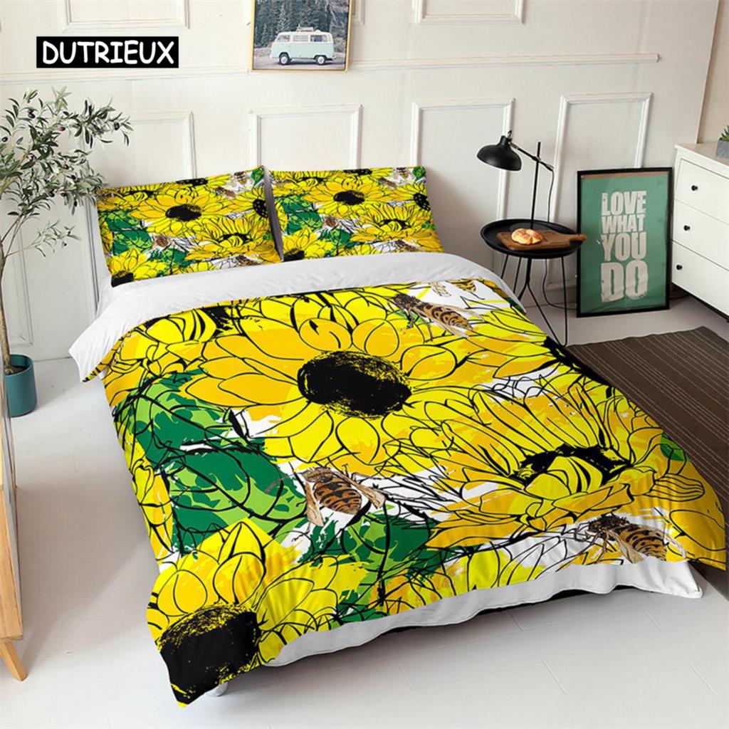 Sunflower Duvet Cover Set Yellow Flower Twin Bedding Set Polyester Black Gold Yellow Sunflowers Print Quilt Cover for Kids Teens