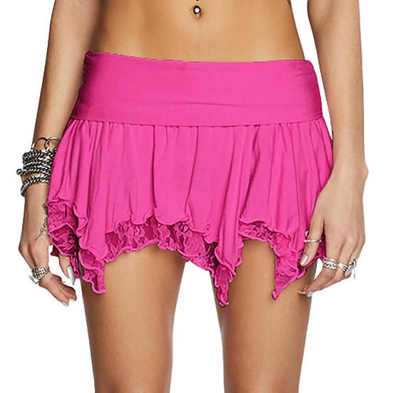 Women Lace Mini Skirt Low Waist Ruffle Asymmetrical Hem Short Skirt Sexy Lace Trim Solid Color Flowy Retro Fairy Aesthetic Skirt