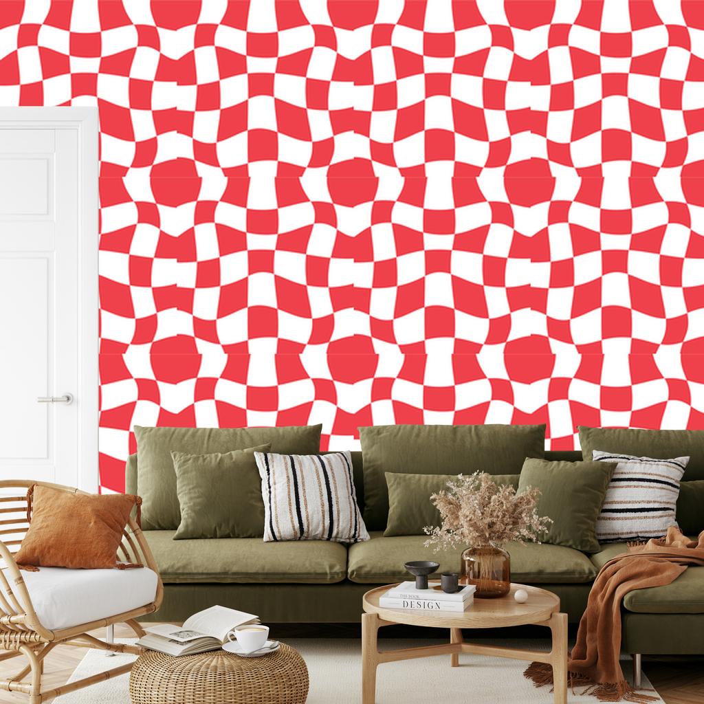 Wallpaper Casual Checkerboard White and Red 50x1000