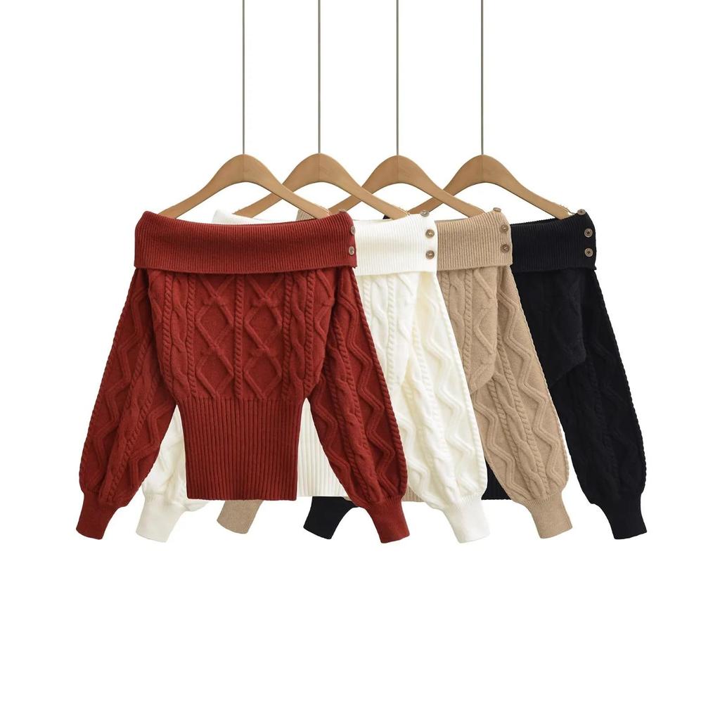 Women's French Off-Shoulder Cable Knit Pullover - Slimming Waist, Long-Sleeve Casual Sweater for Autumn/Winter