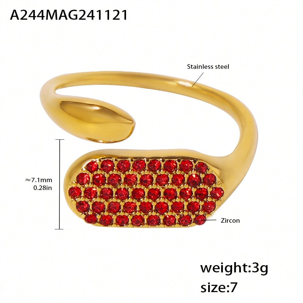 

1 шт. Элегантное и стильное овальное кольцо из нержавеющей стали с микроинкрустацией бриллиантами и 18-каратным золотым покрытием, регулируемого размера, подходит для женщин 7 красный