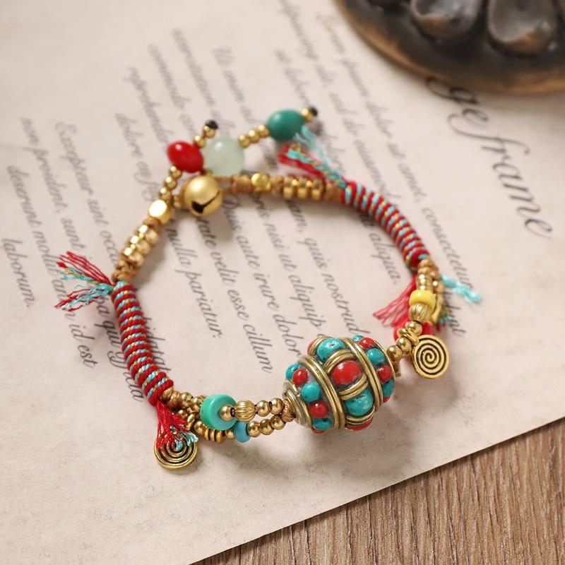 Tibetan Style Retro Woven Bracelet Nepalese Copper Bead Exotic Hand Rope Niche Design Bracelet Accessories Women