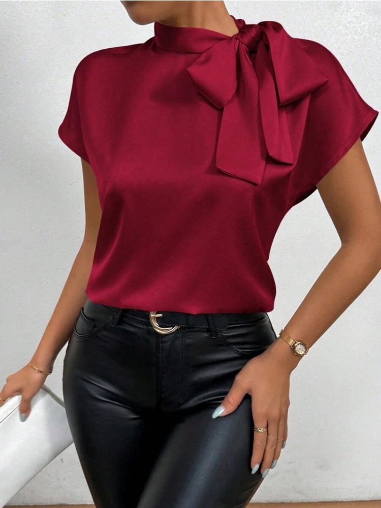 Women Summer Minimalist Shirt Elegant Women's Satin Pink Short Sleeved Lace-up Bow Neck Casual Fitting Office Shirt