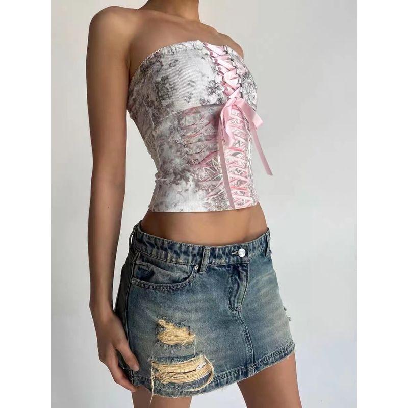 Iamgia Fashion Sexy Ballet Style Pink Ribbon Cross Bows Tube Top Tight Crop Top Short Top