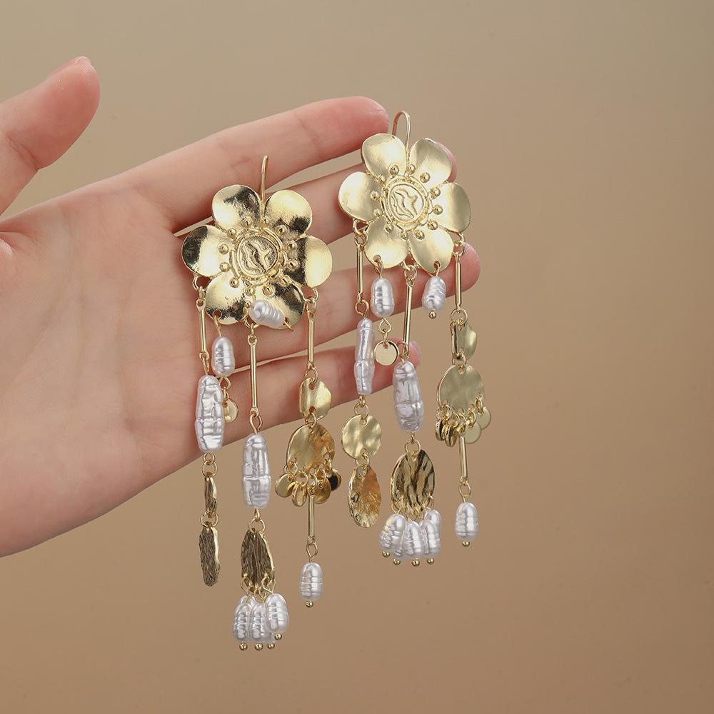 Gold Flower Pearl Tassel Earrings Women S Light Luxury Premium Stud Earrings Personality Temperament Design Earrings