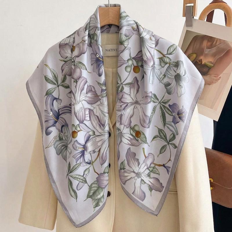 Elegant Chinese style blue magnolia silk large square scarf shawl silk scarf female gift mother mother mother-in-law elders