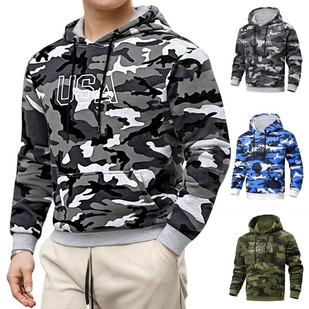Men's Camouflage Printed Letter Embroidered High-weight Hoodie, Men's Trendy Sporty Casual Hoodie