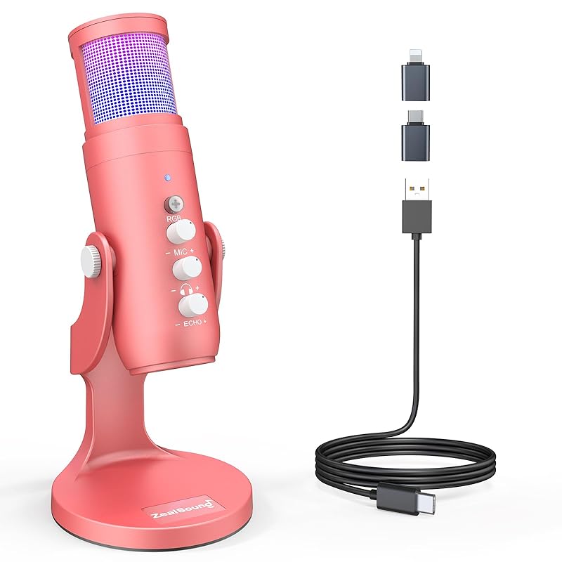 

ZealSound PC condenser microphone gaming microphone RBG USB microphone with adapter plug and play streaming podcast recording silent touch gain
