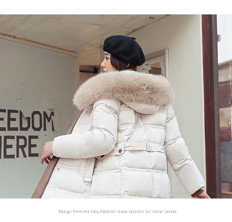 Winter Women's Long Cotton Jacket with Fur Collar and Belted Waist