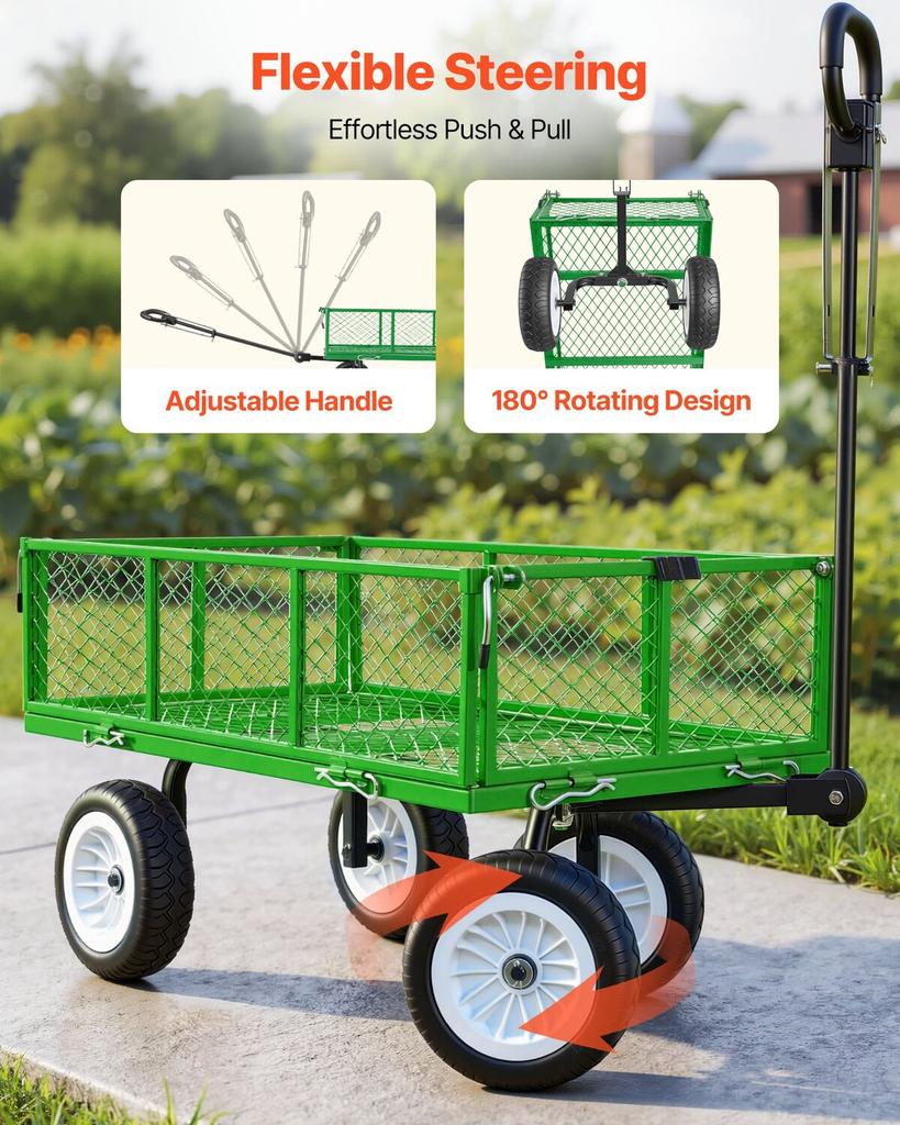 Garden Cart, 408.2 kg, Heavy Duty Steel Yard and Garden Utility Wagon with 10-Inch Tires, Outdoor Gardening Stool with Adjustable Handle, Detachable