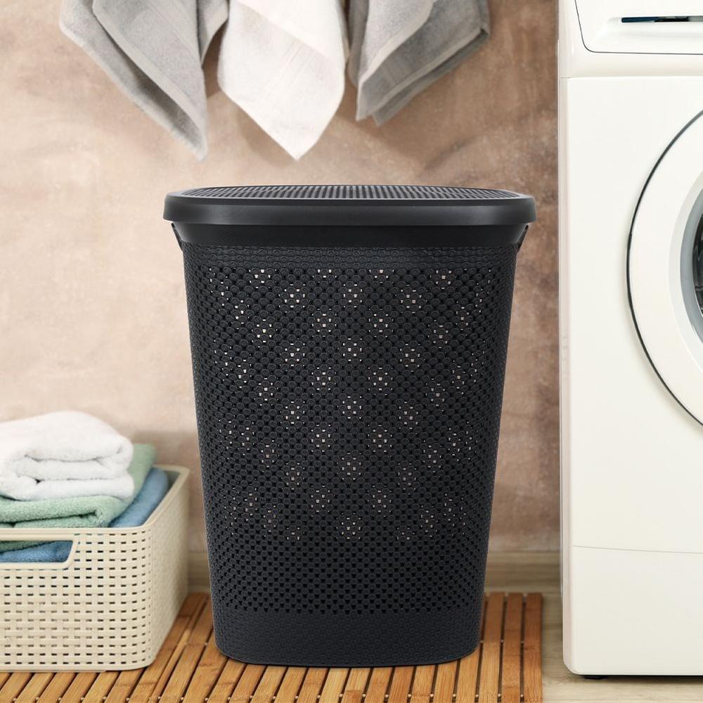 Kosz Łazienkowy Pojemnik na Pranie Odzież Bieliznę Plastikowy Czarny 60L