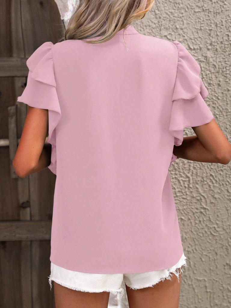 2025 Women's V-Neck Double-Layer Ruffle Sleeve Solid Color Summer Top