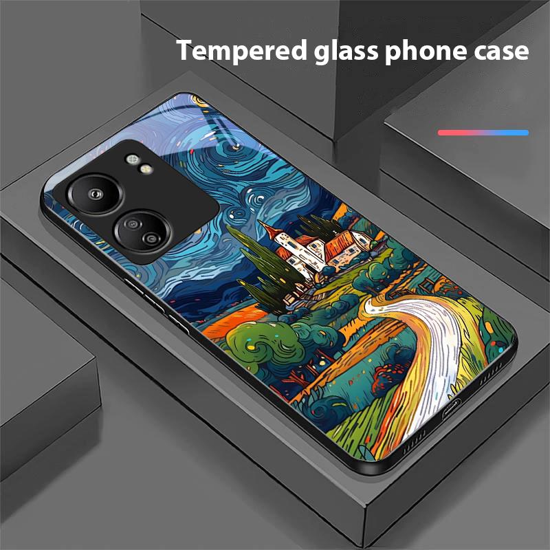 Olejomaľba Domček Pre Xiaomi Redmi 13C Note13 12 Pro Plus 5G Note 9 13T Pro POCO X6 F5 F6 Čierny Kryt na Telefón z Tvrdeného Skla